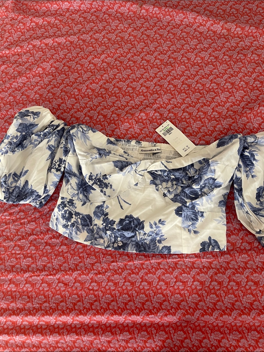 Abercrombie & Fitch White Crop Top with Blue Floral Print